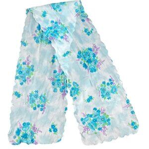 Vintage Floral Chiffon Neck Scarf Chiffon Scalloped Edge White Blue Purple 238J